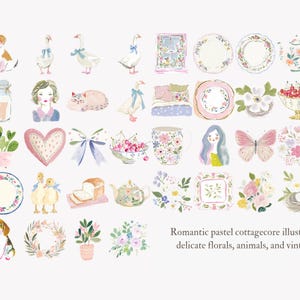 May include: Watercolor illustrations of cottagecore elements, including animals, florals, and vintage items. The image features ducks, dogs, plates, teacups, and a teddy bear, all in soft pastel colors. Text reads: Romantic pastel cottagecore illustrations.