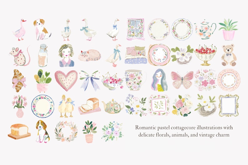 May include: Watercolor illustrations of cottagecore elements, including animals, florals, and vintage items. The image features ducks, dogs, plates, teacups, and a teddy bear, all in soft pastel colors. Text reads: Romantic pastel cottagecore illustrations.