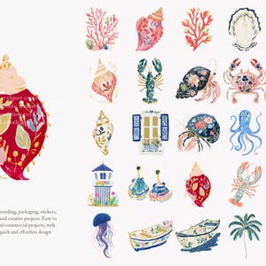 May include: Watercolor clipart set featuring various marine life and coastal elements. Includes seashells, coral, crabs, lobsters, an octopus, and a perfume bottle. The illustrations are in shades of red, pink, blue, and green.