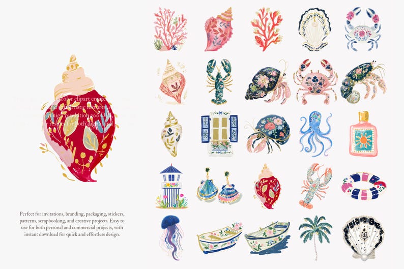 May include: Watercolor clipart set featuring various marine life and coastal elements. Includes seashells, coral, crabs, lobsters, an octopus, and a perfume bottle. The illustrations are in shades of red, pink, blue, and green.