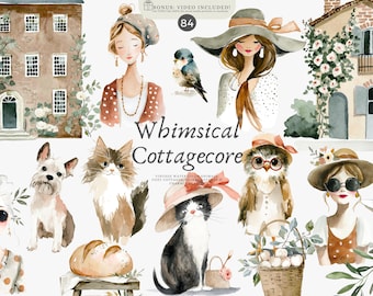 cottagecore clipart, whimsical cottage, vintage cottages, cozy cottage, farmhouse clipart, rustic animals, cottage girls, floral cottage