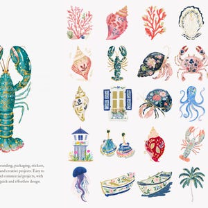 May include: Watercolor illustrations of various sea creatures and objects, including a teal lobster, seashells, coral, crabs, and an octopus. The designs feature floral and gold accents, perfect for creative projects.