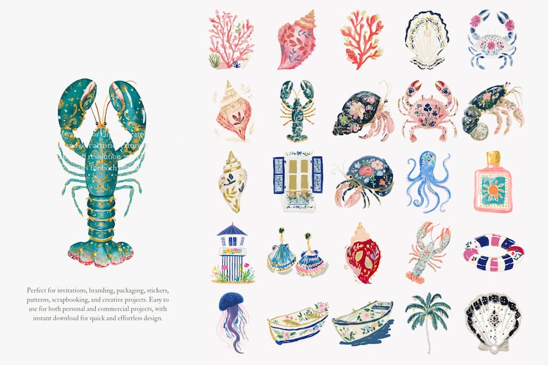 May include: Watercolor illustrations of various sea creatures and objects, including a teal lobster, seashells, coral, crabs, and an octopus. The designs feature floral and gold accents, perfect for creative projects.