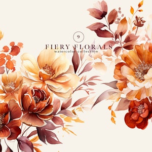 autumn florals – warm flowers – fiery bouquet – fall watercolor – rustic botanical – earthy tones – floral png – digital flowers – boho