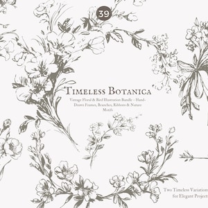 May include: A collection of hand-drawn floral illustrations in black and sepia tones. The image features various botanical elements, including branches, frames, and ribbons, with the text "TIMELESS BOTANICA" and "Vintage Floral & Bird Illustration Bundle".