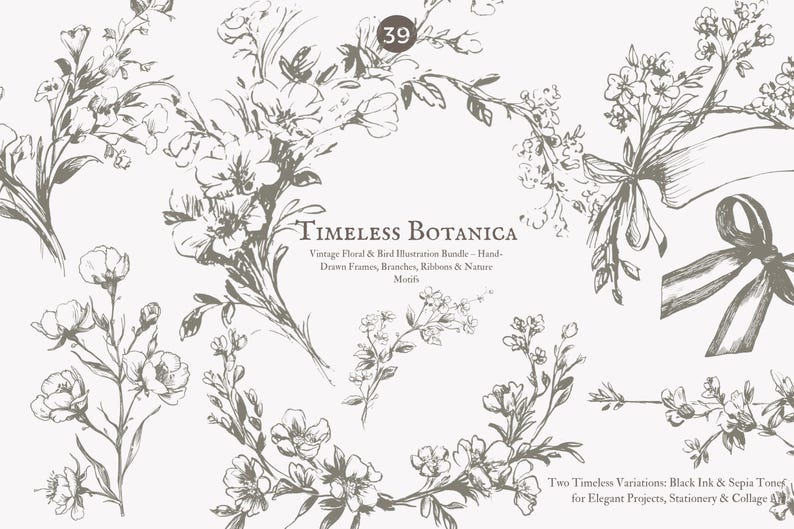May include: A collection of hand-drawn floral illustrations in black and sepia tones. The image features various botanical elements, including branches, frames, and ribbons, with the text "TIMELESS BOTANICA" and "Vintage Floral & Bird Illustration Bundle".