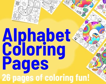 Alphabet ABC Coloring Pages for Kids, 26 Page Alphabet Coloring Book for Children, Printable, Animals, Food, Letters & Objects Theme