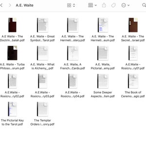 K&ouml;nnte beinhalten: Eine Sammlung von PDF-Dokumenten, jeweils mit "A.E. Waite" und verschiedenen Titeln versehen. Die Dokumente werden als Icons angezeigt, mit einer Mischung aus Buchumschl&auml;gen und Seiten. Titel sind u.a. "The Doctrine of Balah" und "The Pictorial Key to the Tarot".