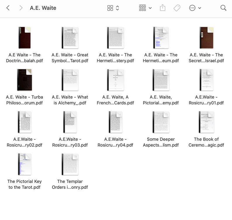K&ouml;nnte beinhalten: Eine Sammlung von PDF-Dokumenten, jeweils mit "A.E. Waite" und verschiedenen Titeln versehen. Die Dokumente werden als Icons angezeigt, mit einer Mischung aus Buchumschl&auml;gen und Seiten. Titel sind u.a. "The Doctrine of Balah" und "The Pictorial Key to the Tarot".