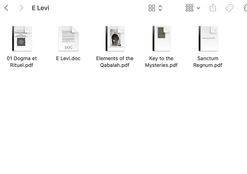 K&ouml;nnte beinhalten: Ein Screenshot eines digitalen Ordners mit der Bezeichnung "E Levi", der mehrere PDF- und DOC-Dateien enth&auml;lt. Die Dateien tragen Titel wie "01 Dogma et Rituel.pdf", "E Levi.doc" und "Elements of the Qabalah.pdf". Der Ordner wird vor wei&szlig;em Hintergrund angezeigt.