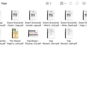 K&ouml;nnte beinhalten: Eine digitale Anzeige verschiedener PDF-Dokumente zum Thema Yoga. Die Dokumente tragen Titel wie "Hatha Yoga Pradipika", "Swami Sivananda" und "The Tibetan Yogas". Die Dokumente werden in einem Rasterformat angezeigt.