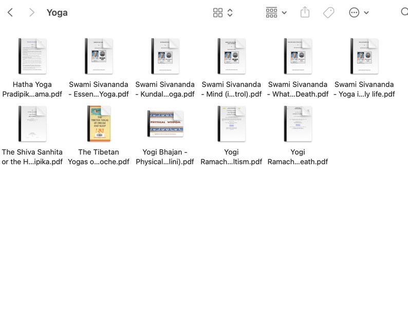 K&ouml;nnte beinhalten: Eine digitale Anzeige verschiedener PDF-Dokumente zum Thema Yoga. Die Dokumente tragen Titel wie "Hatha Yoga Pradipika", "Swami Sivananda" und "The Tibetan Yogas". Die Dokumente werden in einem Rasterformat angezeigt.