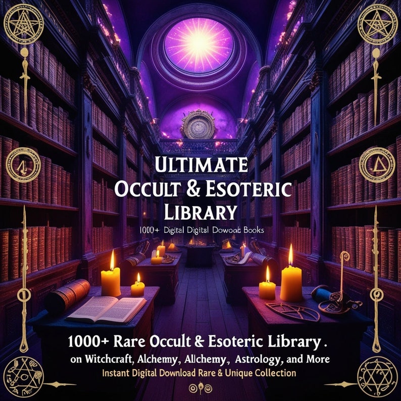 K&ouml;nnte beinhalten: Eine Illustration einer Bibliothek mit dem Text "ULTIMATE OCCULT & ESOTERIC LIBRARY" und "1000+ Digital Digital Dowoad Books." Das Bild enth&auml;lt auch den Text "1000+ Rare Occult & Esoteric Library" und "on Witchcraft, Alchemy, Astrology, and More."
