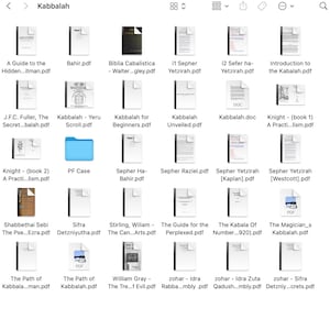 K&ouml;nnte beinhalten: Eine Sammlung von PDF-Dokumenten zum Thema Kabbalah, in einem Raster angeordnet. Titel wie "A Guide to the Hidden...", "Bahir", "Biblia Cabalistica" und "Introduction to the Kabalah" sind sichtbar. Das Bild ist ein Screenshot eines Dateiverzeichnisses.