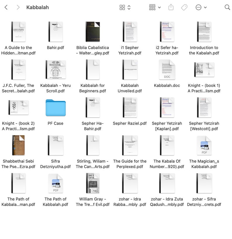 K&ouml;nnte beinhalten: Eine Sammlung von PDF-Dokumenten zum Thema Kabbalah, in einem Raster angeordnet. Titel wie "A Guide to the Hidden...", "Bahir", "Biblia Cabalistica" und "Introduction to the Kabalah" sind sichtbar. Das Bild ist ein Screenshot eines Dateiverzeichnisses.
