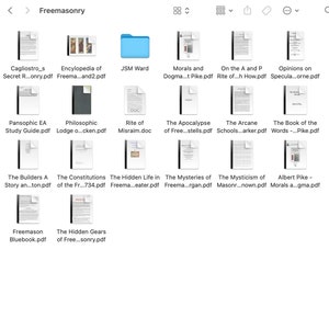 K&ouml;nnte beinhalten: Ein Screenshot eines Ordners mit der Bezeichnung "Freimaurerei", der mehrere PDF-Dokumente enth&auml;lt. Zu den Titeln geh&ouml;ren "Cagliostro's Secret", "Encyclopedia of Freemasonry", "Morals and Dogma" und "The Apocalypse of Free".