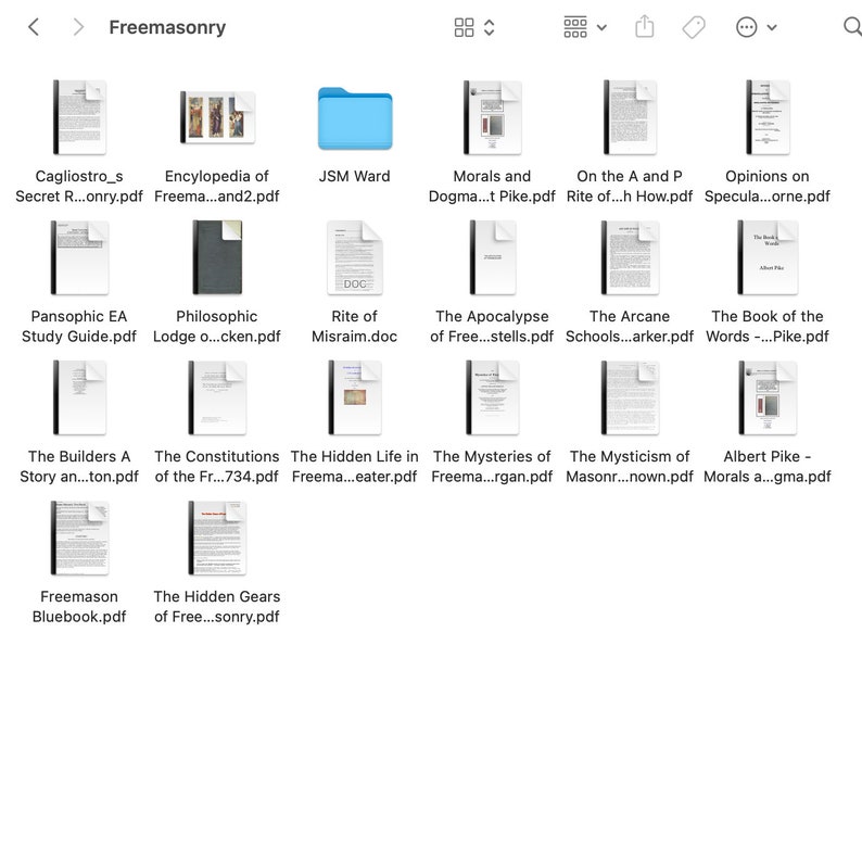 K&ouml;nnte beinhalten: Ein Screenshot eines Ordners mit der Bezeichnung "Freimaurerei", der mehrere PDF-Dokumente enth&auml;lt. Zu den Titeln geh&ouml;ren "Cagliostro's Secret", "Encyclopedia of Freemasonry", "Morals and Dogma" und "The Apocalypse of Free".