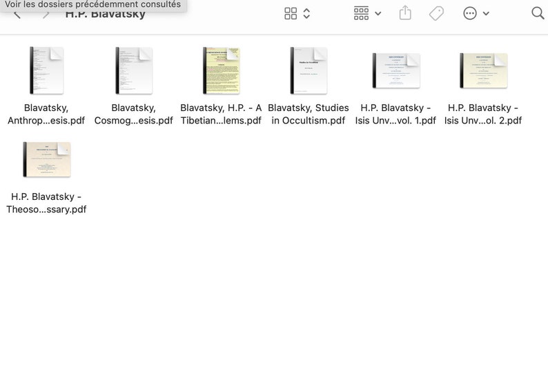 K&ouml;nnte beinhalten: Ein Screenshot, der mehrere PDF-Dokumente anzeigt. Die Dokumente tragen den Namen "Blavatsky" und enthalten Titel wie "Anthropogenesis", "Cosmogenesis" und "Studies in Occultism". Die Dateinamen sind sichtbar.