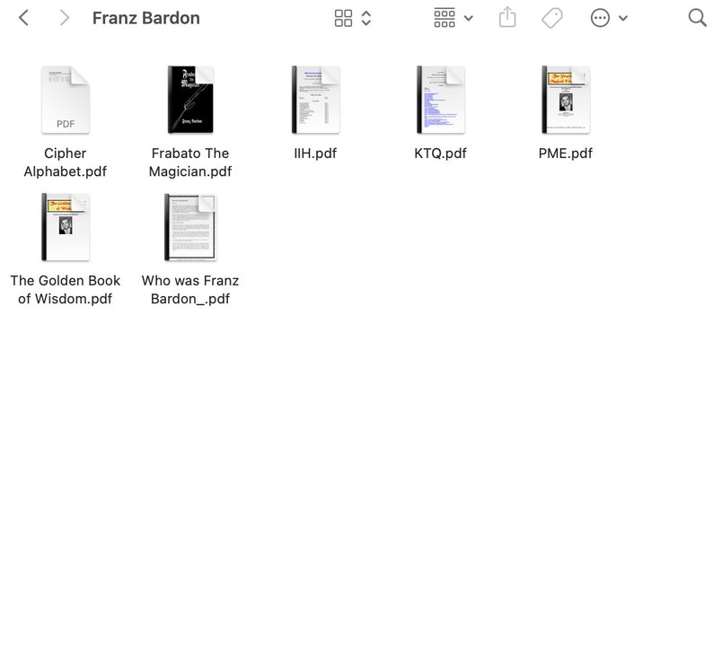 K&ouml;nnte beinhalten: Eine Sammlung von PDF-Dokumenten, darunter "Cipher Alphabet.pdf", "Frabato The Magician.pdf" und weitere. Die Dateien werden auf wei&szlig;em Hintergrund angezeigt, mit dem Titel "Franz Bardon" oben.