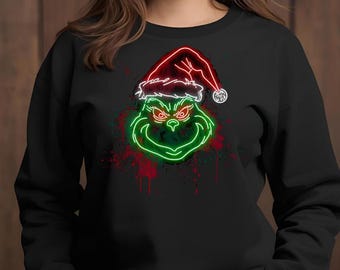 Cara de Grinch de neón PNG / Diseño divertido de camiseta navideña (Descarga digital)