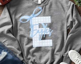 Eagles PNG: Blue Gingham Letter E with Bow (Digital Download)