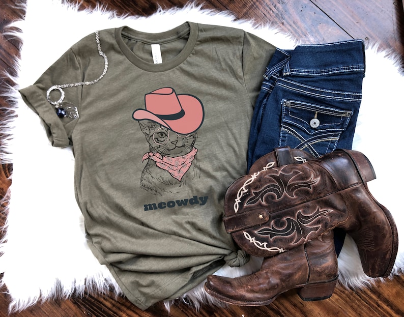 Meowdy Shirt, Cat with Pink Cowboy Hat Shirt - Funny Meme T-Shirt for Cat Lovers, Gift for Cat Moms, Trendy Shirts for Country Girls Heather Olive