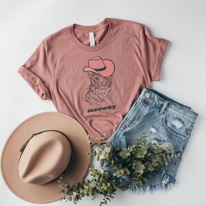 Meowdy Shirt, Cat with Pink Cowboy Hat Shirt - Funny Meme T-Shirt for Cat Lovers, Gift for Cat Moms, Trendy Shirts for Country Girls Heather Mauve