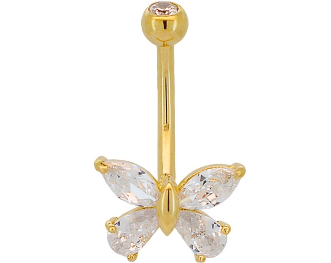 14k Solid Gold Banana Belly Ring with 8mm Butterfly Design