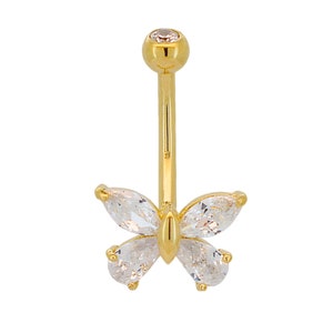 14k Solid Gold Banana Belly Ring with 8mm Butterfly Design