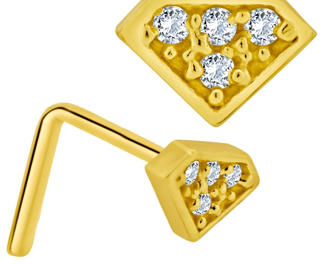 14k Solid Yellow Gold Diamond Design 4 Round Clear Zircon L-Shape Nose Ring