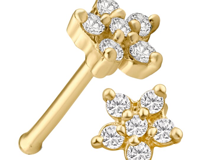 14k Solid Yellow Gold Star Shaped Flower Design Cubic Zirconia Prong Setting Nose Bone