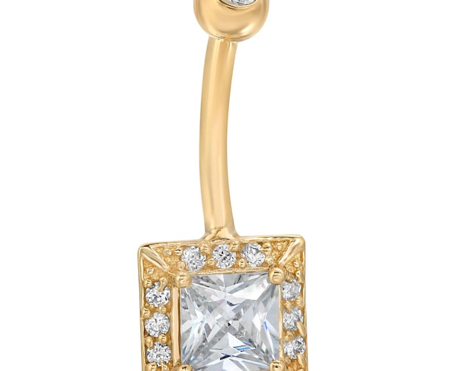 14k Solid Gold Square CZ Belly Ring