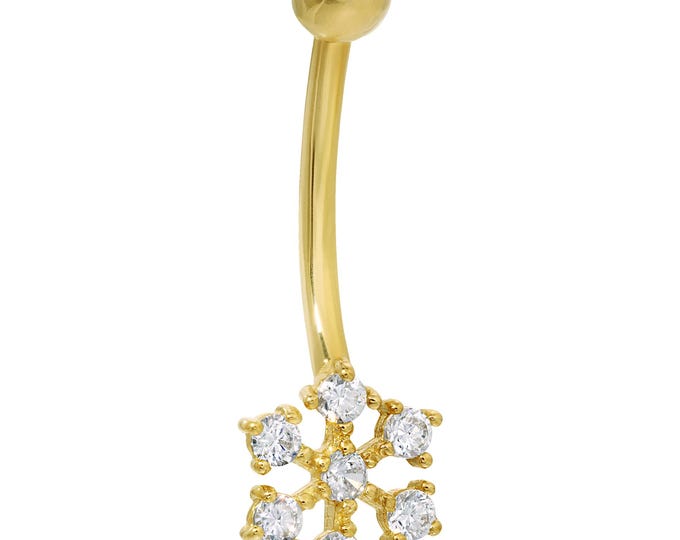 14k Solid Gold Banana Belly Ring with Snowflake Design