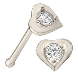 14k Solid White Gold Prong Set Heart Nose Bone | Nose Piercing | Stud | 7MM | Nose Ring | Gift for Her | Body Jewelry | Yellow Gold
