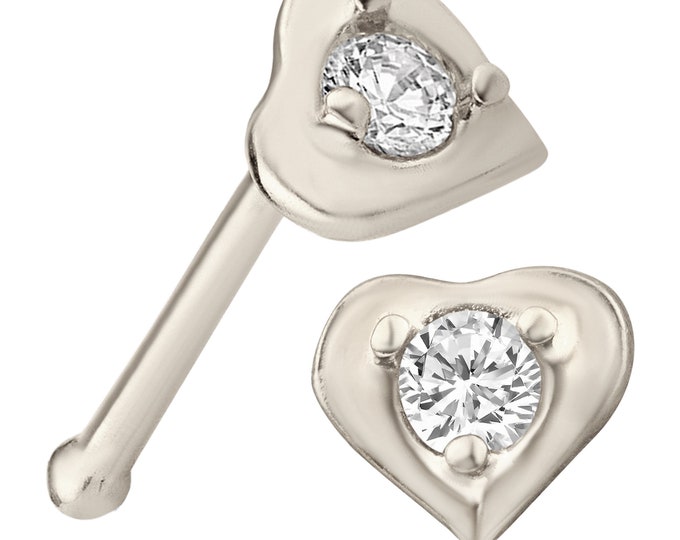 14k Solid White Gold Prong Set Heart Nose Bone | Nose Piercing | Stud | 7MM | Nose Ring | Gift for Her | Body Jewelry | Yellow Gold