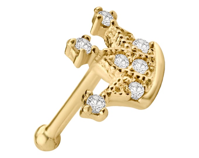 14k Solid Yellow Gold 7 Zircon Crown Design Textured Nose Bone