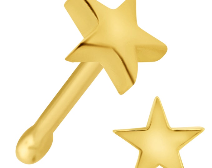 14k Solid Yellow Gold Polished Plain Star Design Nose Bone