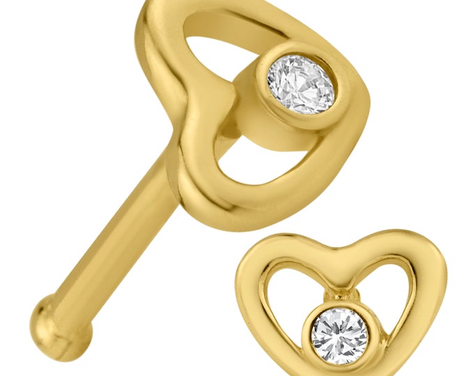 14k Solid Yellow Gold Cubic Zirconia Plain Hollow Heart Design Nose Bone