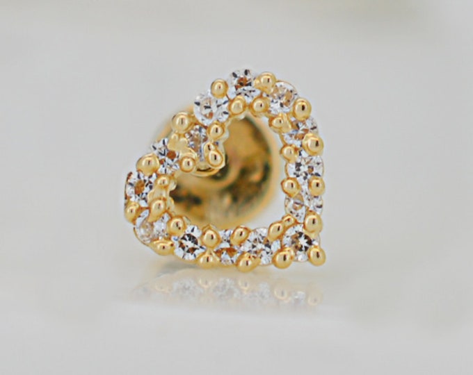 14k Yellow Gold Hollow Heart with Multi Zircon Around Labret | Flat Back Earrings | Conch | Helix | Tragus | Stud | White Gold Piercing