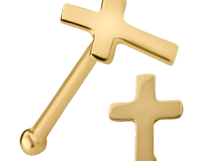 14k Solid Yellow Gold Nose Bone Plain Cross Design Nose Bone