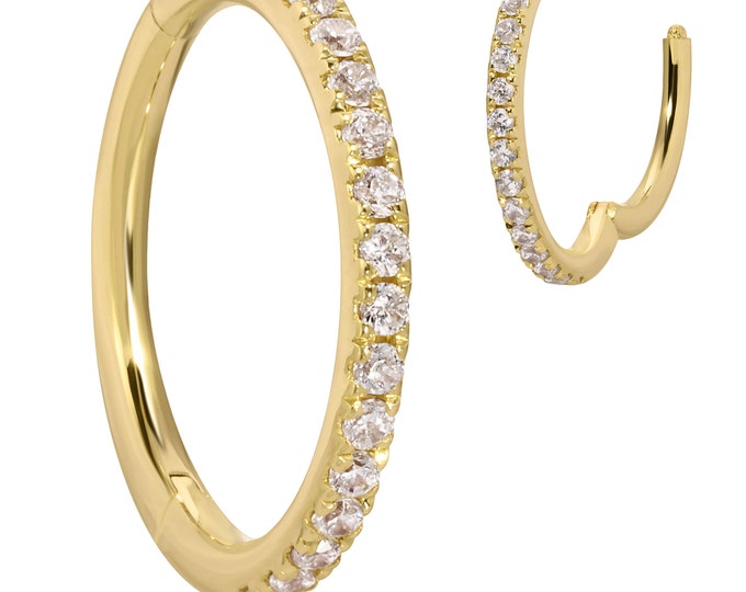 14K Solid Gold Hinged Hoops with 15 stones of  0.45ct Natural Diamonds| Nose Ring | Lip Piercing | Helix Hoop | Cartilage | Conch Hoop