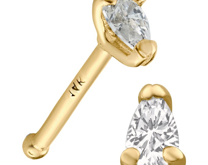 14k Solid Yellow Gold Tear Drop Cubic Zirconia Prong Setting Nose Bone