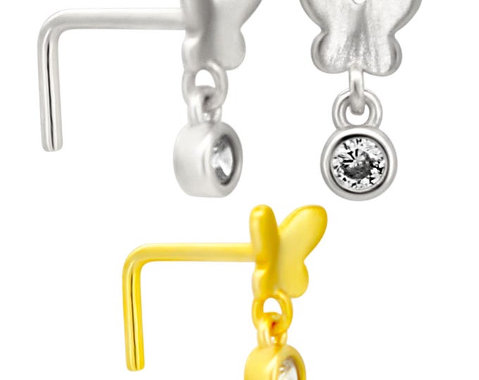 Sterling Silver Plain Butterfly with Dangling CZ L-Shaped Nose Ring