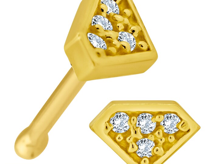 14k Solid Yellow Gold Diamond Design 4 Clear Zircon Prong Setting Nose Bone
