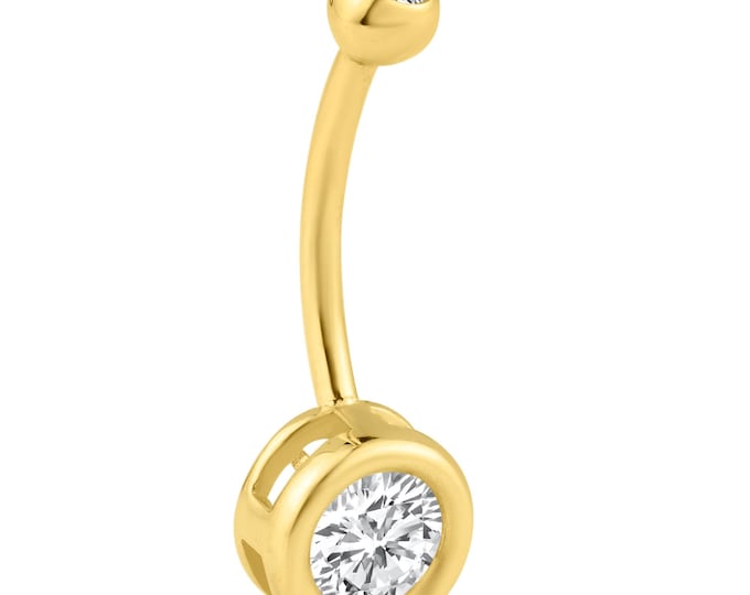 14k Solid Gold Round Zircon in 8mm Casting Bezel Setting Belly Ring