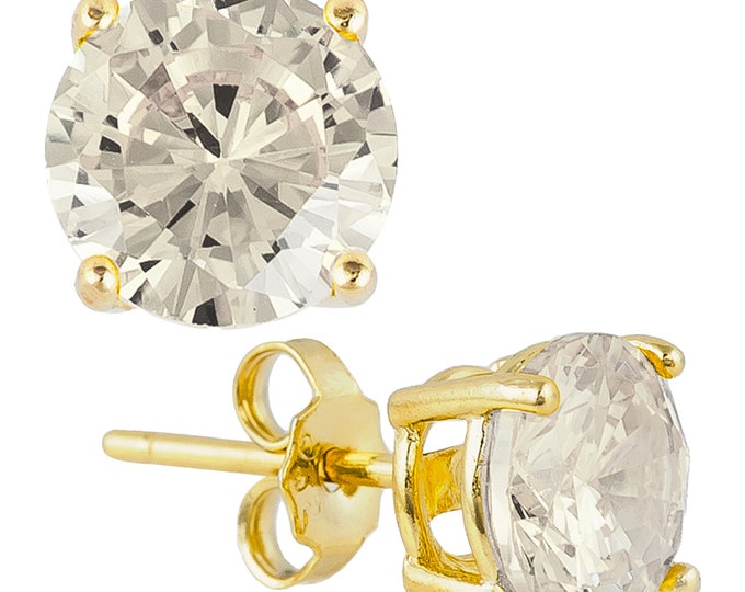 925 Sterling Silver Gold Plated Stud Earrings with Round Clear Cubic Zirconia