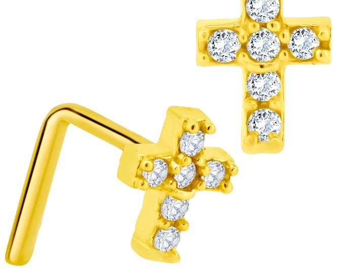 14k Solid Yellow Gold Cross Design 4 Round Clear Zircon L-Shape Nose Ring