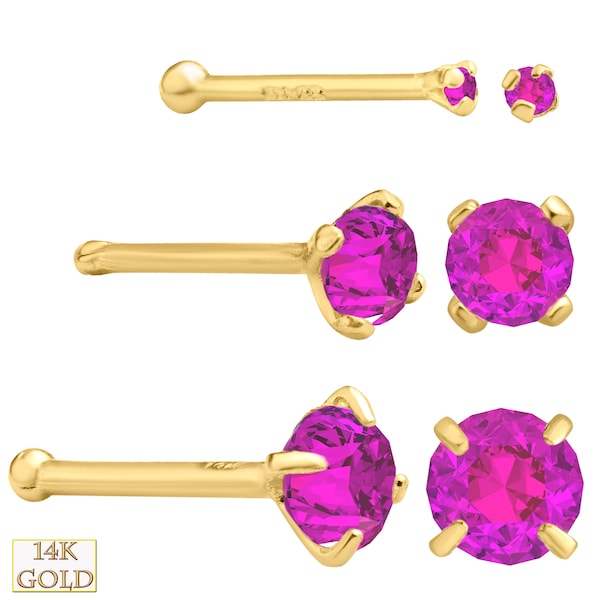 14k Yellow Gold Pink Sapphire Nose Bone, Prong Set Nose Stud, Nose Jewelry