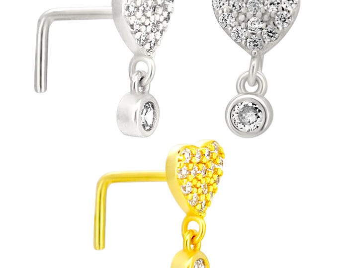 Sterling Silver CZ Studded Heart Dangling CZ L-Shaped Nose Ring