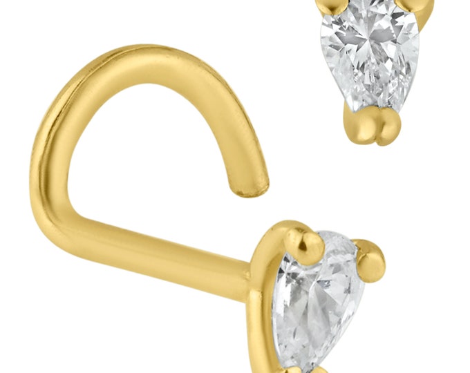 14k Solid Yellow Gold Tear Drop Cubic Zirconia Prong Setting Nose Screw